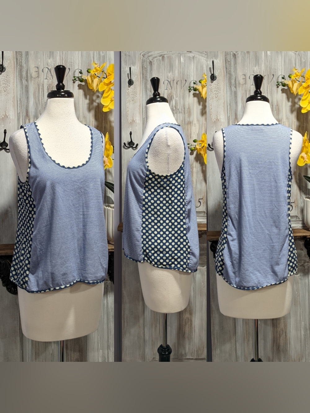 Lili's Loft Blue Polka Dot And Striped Tank Top